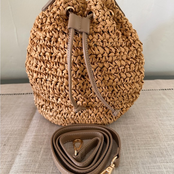 Woven Straw Bucket Bag with Tan Leather Trim - Picture 2 of 10